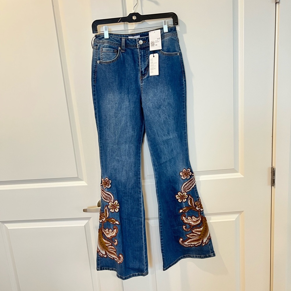 Forever 21 Blue Floral Embroidered Flare Jeans